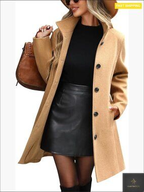 Women's Classic Single Breasted Pea Coat Stand Collar Long Sleeve Overcoat with
